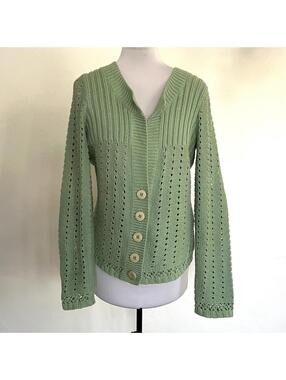 Hillard & Hanson Sage Green Cardigan L Cotton Blend Pointelle Knit Button Up